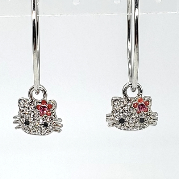 SOLD Hello Kitty Licensed Sanrio Rhinestone Silver Hoop Earrings Anime Barbie - Picture 2 of 6